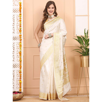 Dress & Dazzle Ivory Cream Katan Silk Saree with Unstitched Blouse