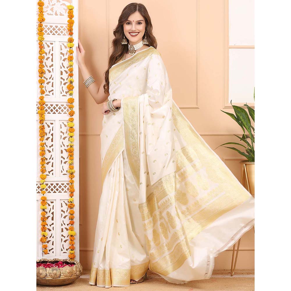 Dress & Dazzle Ivory Cream Katan Silk Saree with Unstitched Blouse