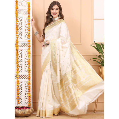 Dress & Dazzle Ivory Cream Katan Silk Saree with Unstitched Blouse