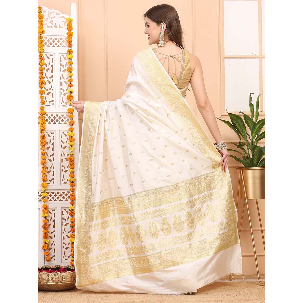 Dress & Dazzle Ivory Cream Katan Silk Saree with Unstitched Blouse