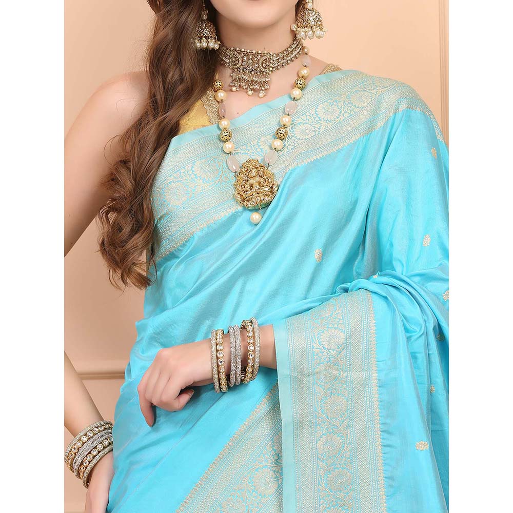 Dress & Dazzle Blue Katan Silk Saree with Unstitched Blouse