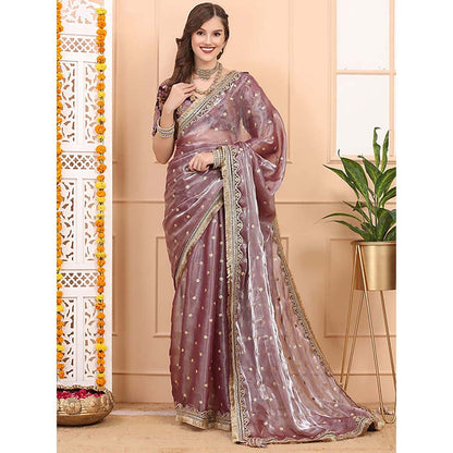Dress & Dazzle Mauve Tissue Saree With Unstitched Blouse