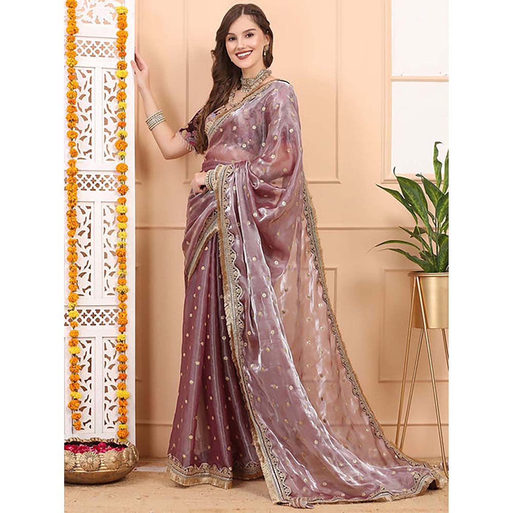 Dress & Dazzle Mauve Tissue Saree With Unstitched Blouse