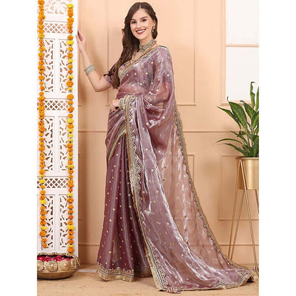 Dress & Dazzle Mauve Tissue Saree With Unstitched Blouse