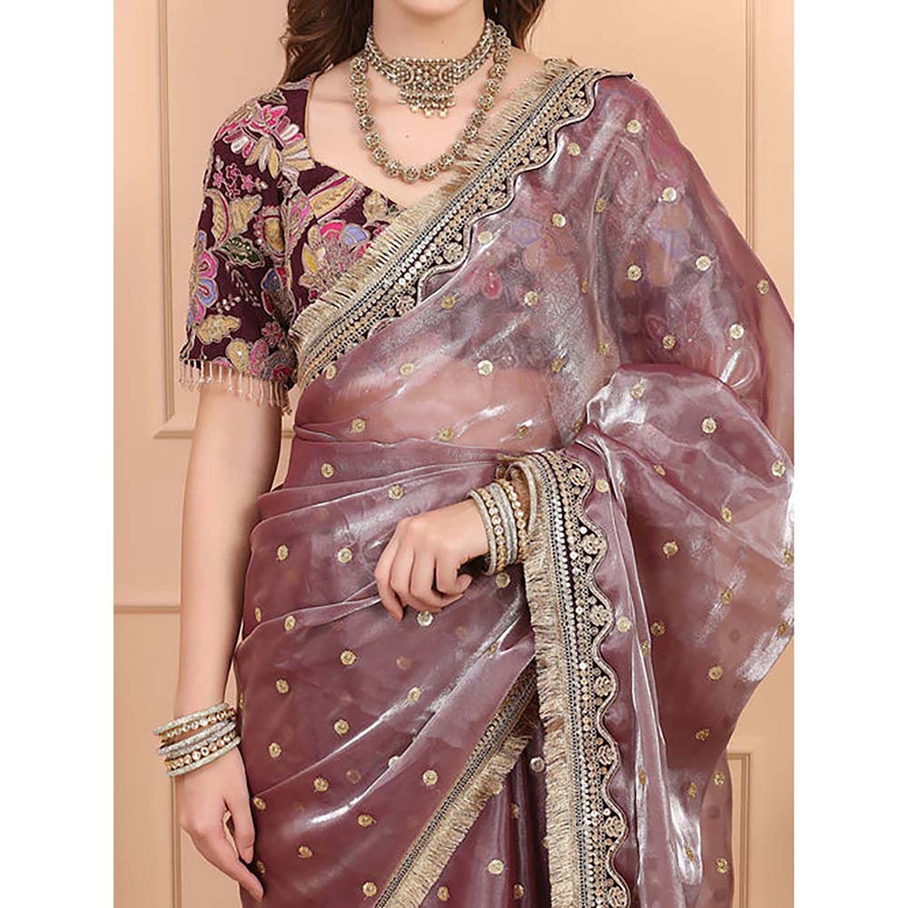 Dress & Dazzle Mauve Tissue Saree With Unstitched Blouse