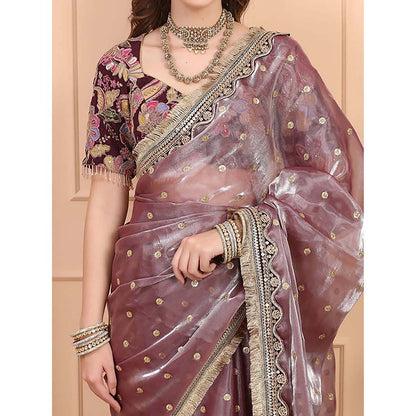 Dress & Dazzle Mauve Tissue Saree With Unstitched Blouse