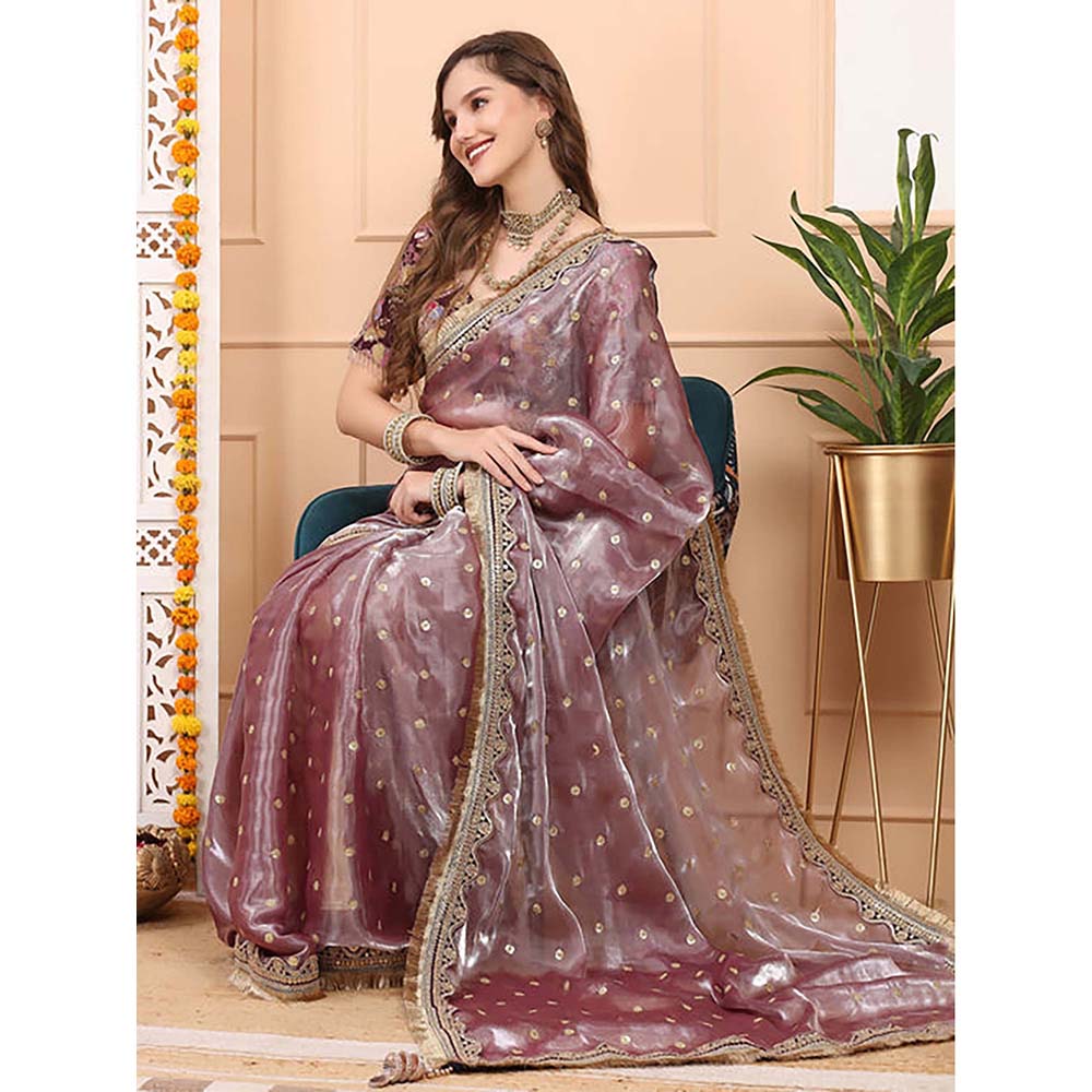 Dress & Dazzle Mauve Tissue Saree With Unstitched Blouse