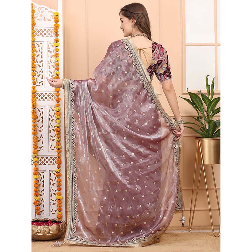 Dress & Dazzle Mauve Tissue Saree With Unstitched Blouse