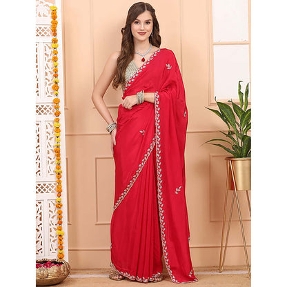 Dress & Dazzle Ruby Red Satin Saree With Unstitched Blouse