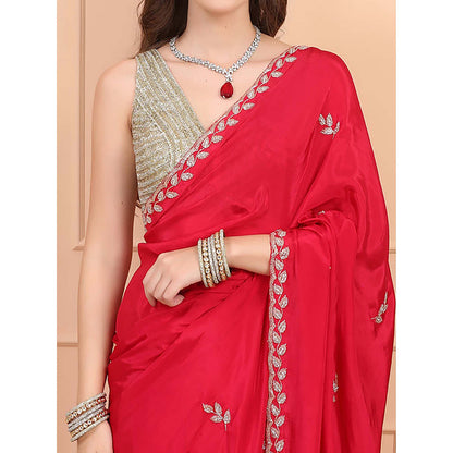 Dress & Dazzle Ruby Red Satin Saree With Unstitched Blouse