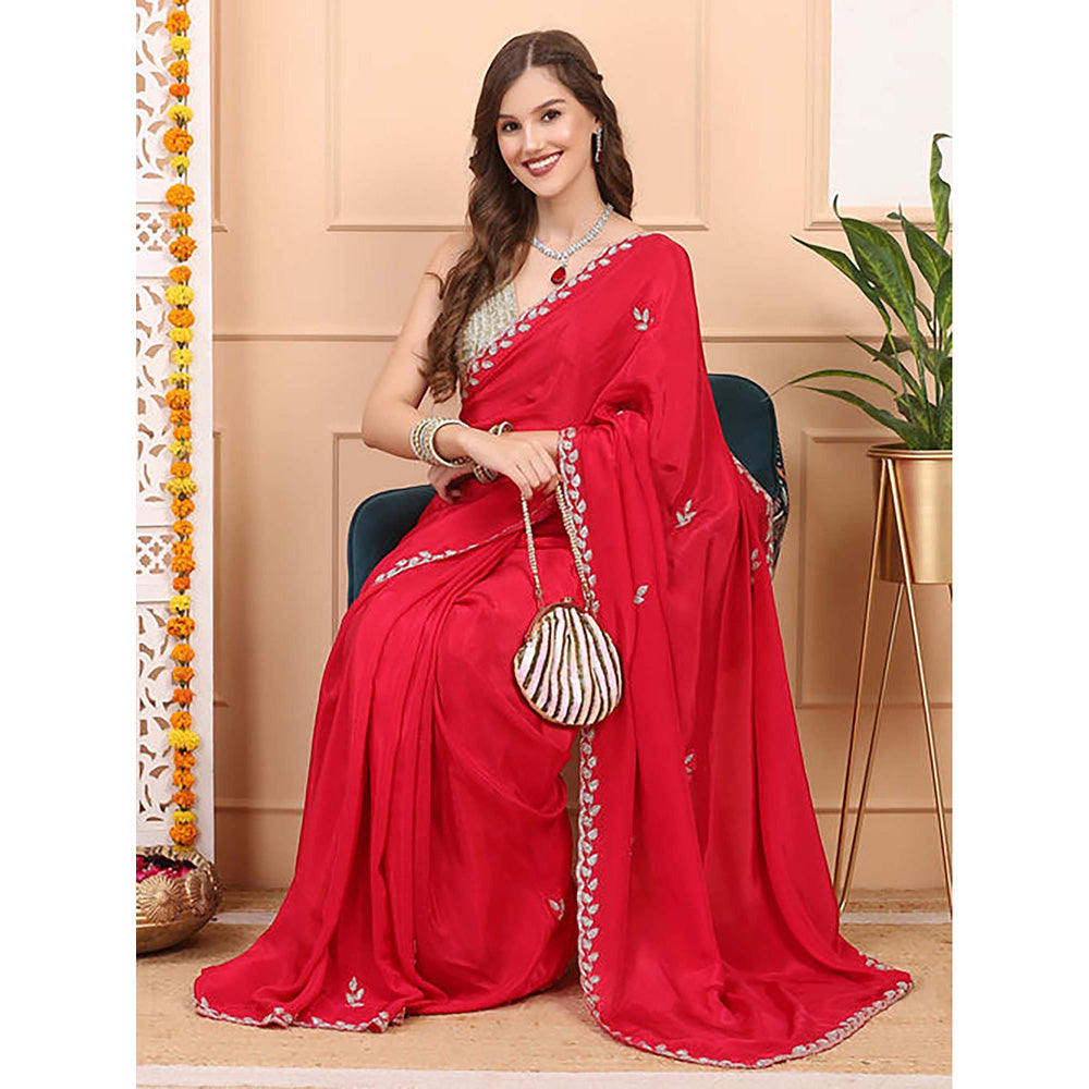 Dress & Dazzle Ruby Red Satin Saree With Unstitched Blouse