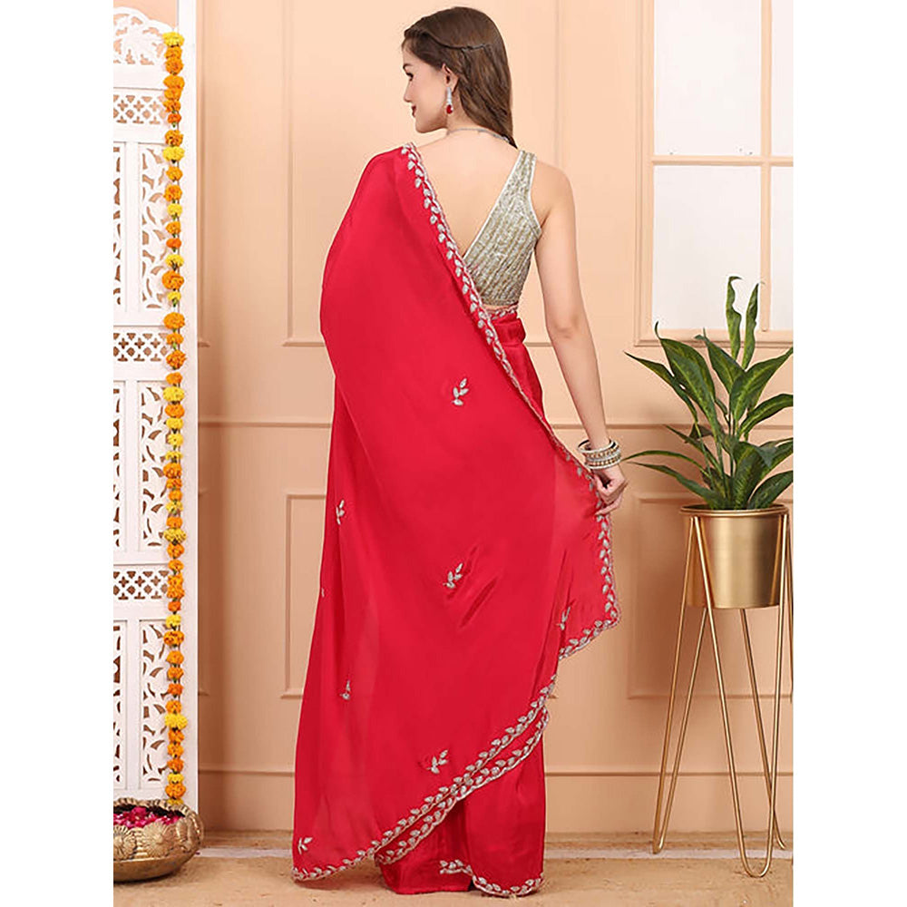 Dress & Dazzle Ruby Red Satin Saree With Unstitched Blouse
