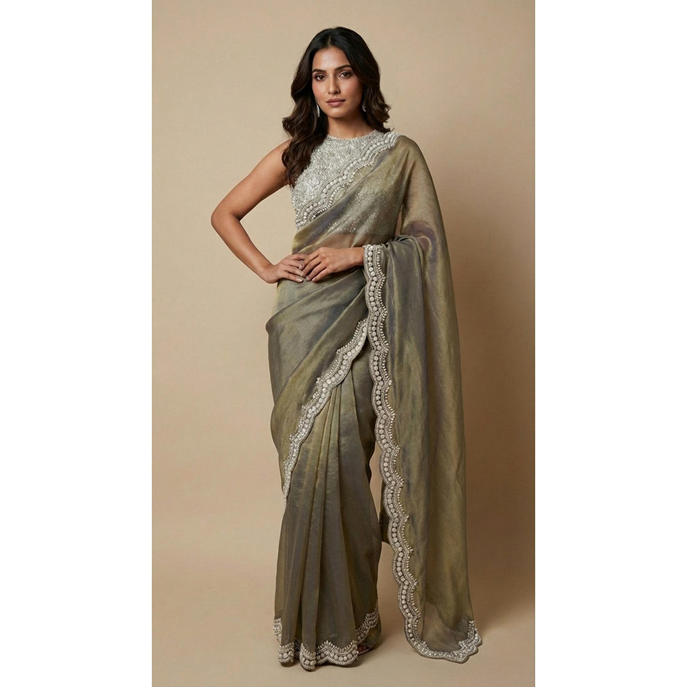 Dress & Dazzle Olive Tissue Saree - Free Size with Unstitched