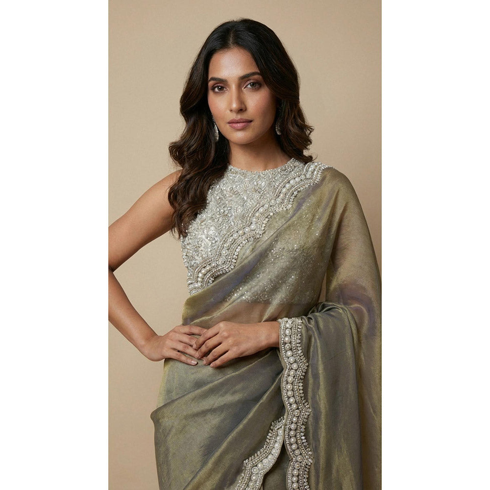 Dress & Dazzle Olive Tissue Saree - Free Size with Unstitched