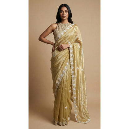 Dress & Dazzle Lime Green Tissue Saree - Free Size with Unstitched
