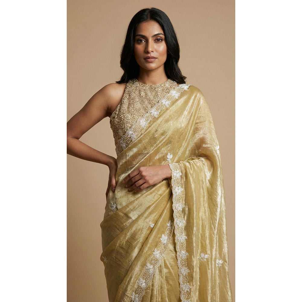 Dress & Dazzle Lime Green Tissue Saree - Free Size with Unstitched