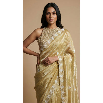 Dress & Dazzle Lime Green Tissue Saree - Free Size with Unstitched