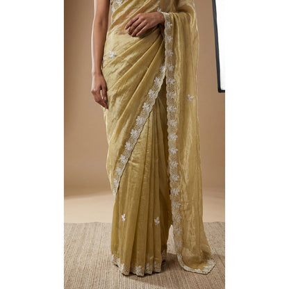 Dress & Dazzle Lime Green Tissue Saree - Free Size with Unstitched