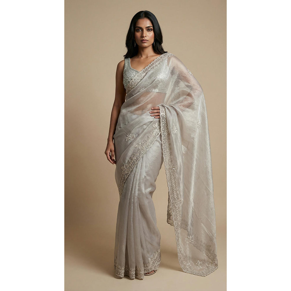 Dress & Dazzle Grey Silver Tissue Saree - Free Size with Unstitched