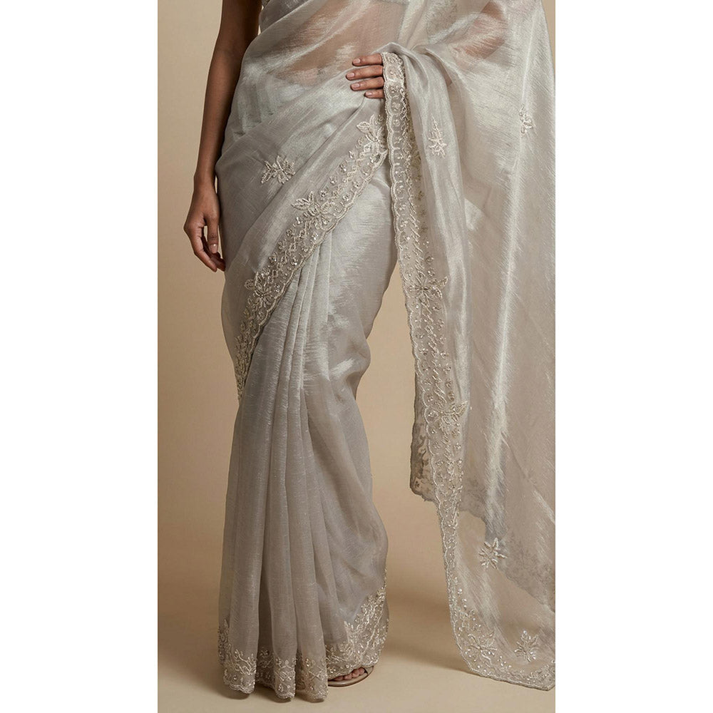 Dress & Dazzle Grey Silver Tissue Saree - Free Size with Unstitched