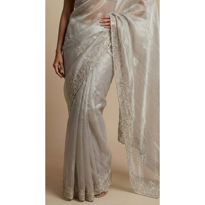 Dress & Dazzle Grey Silver Tissue Saree - Free Size with Unstitched