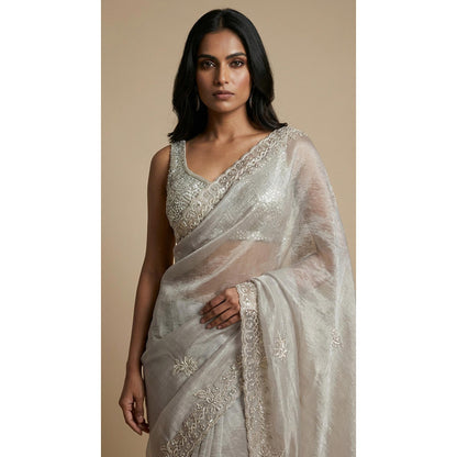 Dress & Dazzle Grey Silver Tissue Saree - Free Size with Unstitched