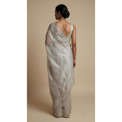 Dress & Dazzle Grey Silver Tissue Saree - Free Size with Unstitched