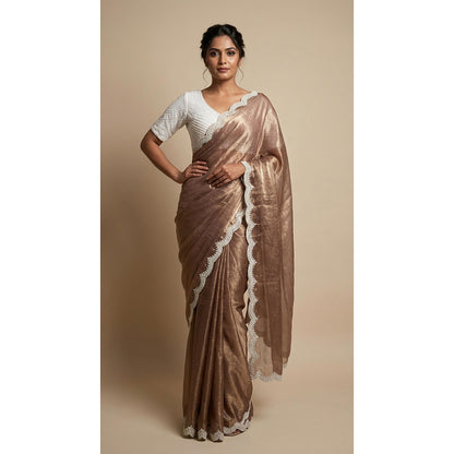 Dress & Dazzle Coffee Brown Satin Tissue Saree - Free Size with Unstitched
