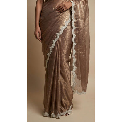 Dress & Dazzle Coffee Brown Satin Tissue Saree - Free Size with Unstitched