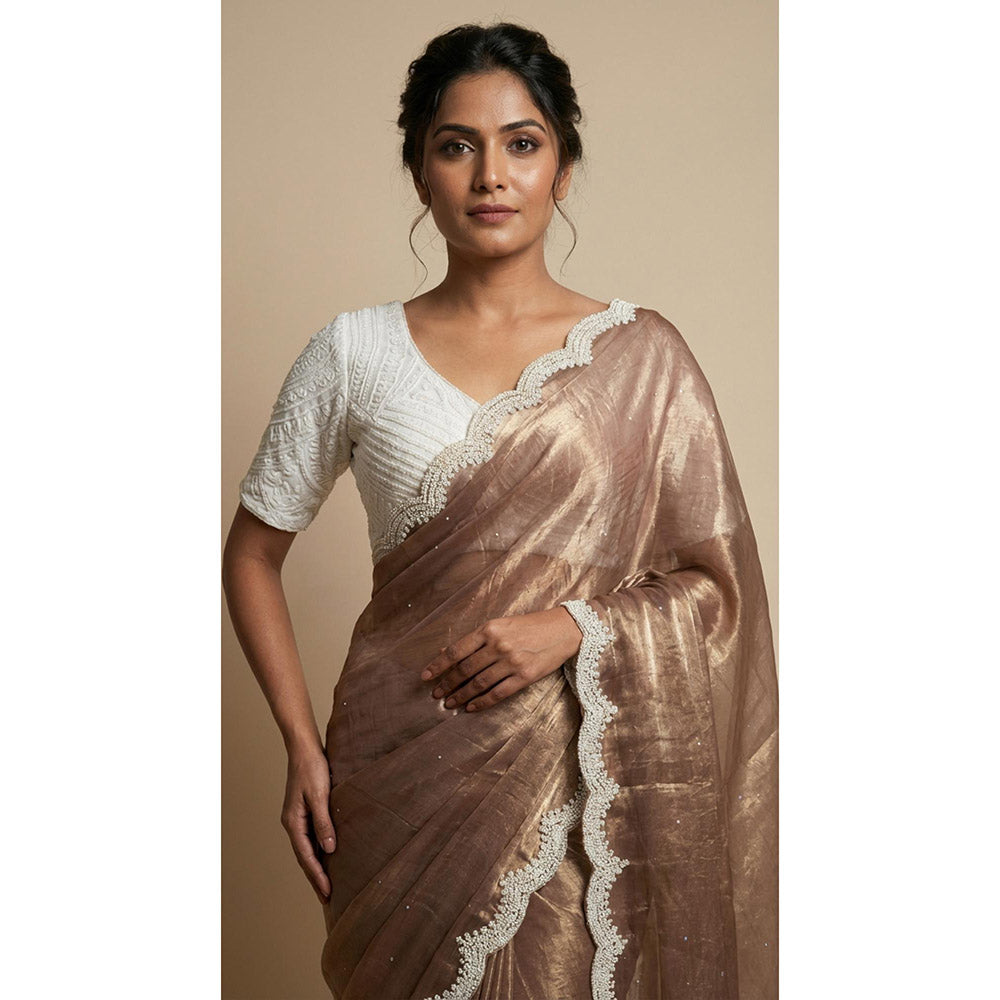 Dress & Dazzle Coffee Brown Satin Tissue Saree - Free Size with Unstitched