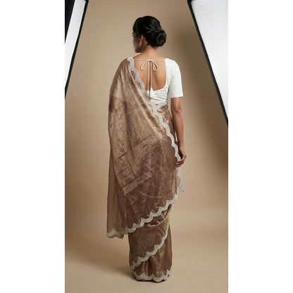 Dress & Dazzle Coffee Brown Satin Tissue Saree - Free Size with Unstitched