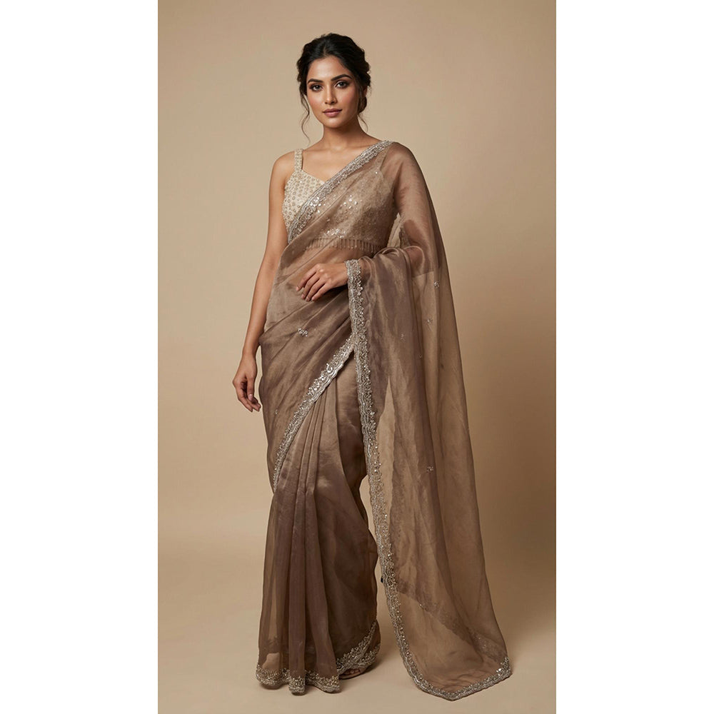 Dress & Dazzle Brown Sequin Saree - Free Size with Unstitched