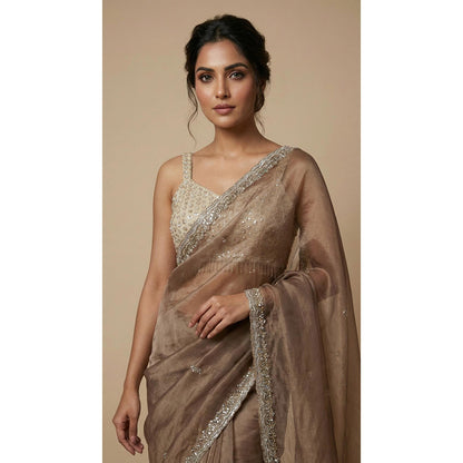 Dress & Dazzle Brown Sequin Saree - Free Size with Unstitched