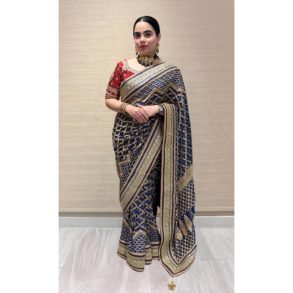Dress & Dazzle Navy Blue Khadi Georgette Bandhani Saree - Free Size with Unstitched