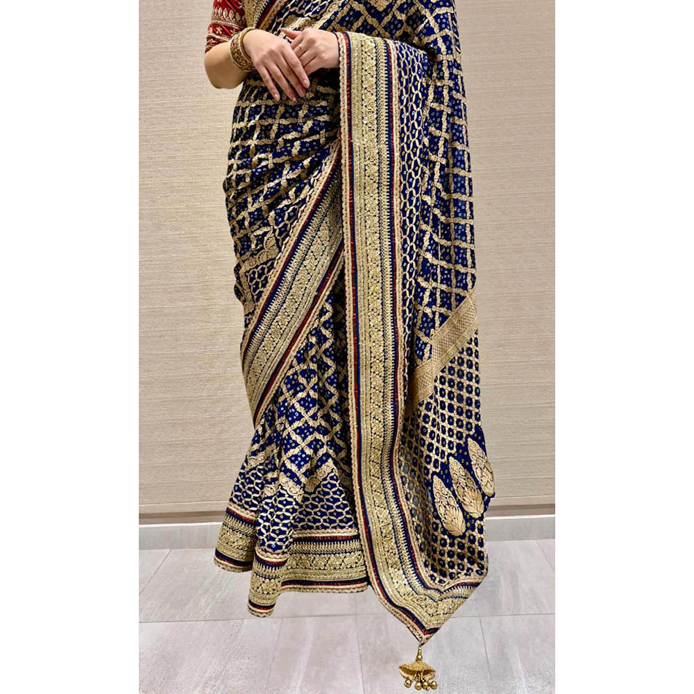 Dress & Dazzle Navy Blue Khadi Georgette Bandhani Saree - Free Size with Unstitched