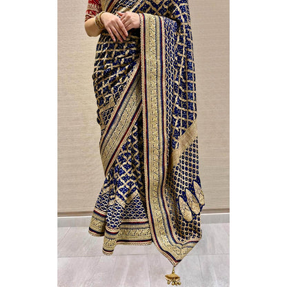 Dress & Dazzle Navy Blue Khadi Georgette Bandhani Saree - Free Size with Unstitched