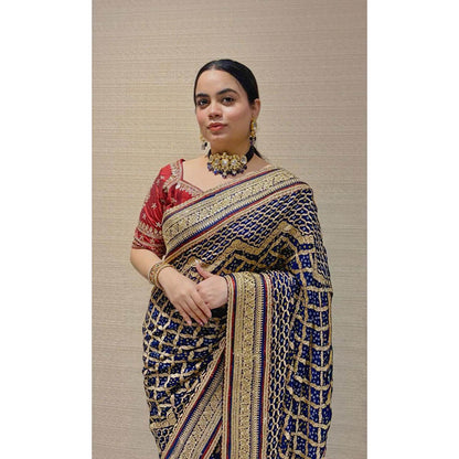 Dress & Dazzle Navy Blue Khadi Georgette Bandhani Saree - Free Size with Unstitched