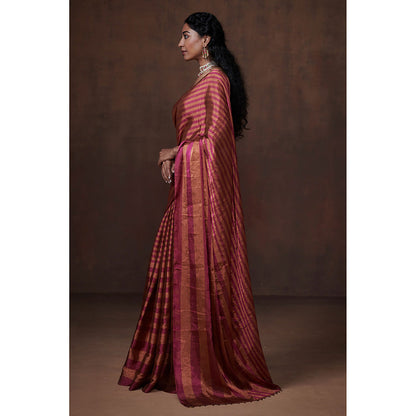 Dressfolk Handwoven Magenta & Copper Stripes Tissue Saree & Glass Beads Metal Charm with Blouse