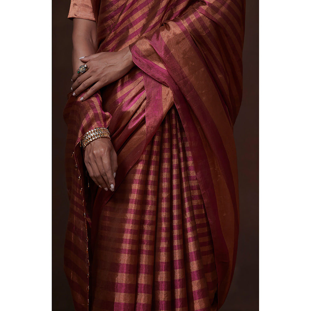 Dressfolk Handwoven Magenta & Copper Stripes Tissue Saree & Glass Beads Metal Charm with Blouse