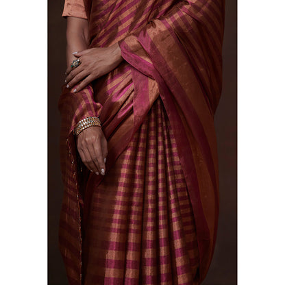 Dressfolk Handwoven Magenta & Copper Stripes Tissue Saree & Glass Beads Metal Charm with Blouse
