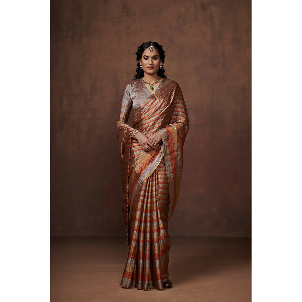 Dressfolk Handwoven Silver, Gold & Copper Stripes Tissue Saree with Glass Beads Charm withBlouse