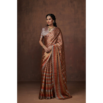 Dressfolk Handwoven Silver, Gold & Copper Stripes Tissue Saree with Glass Beads Charm withBlouse