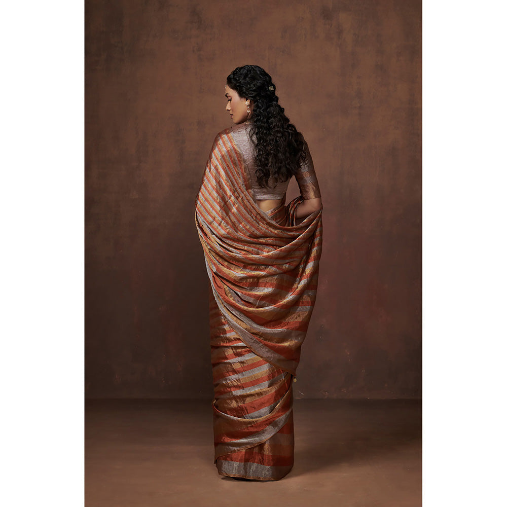 Dressfolk Handwoven Silver, Gold & Copper Stripes Tissue Saree with Glass Beads Charm withBlouse