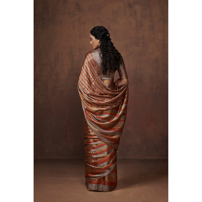 Dressfolk Handwoven Silver, Gold & Copper Stripes Tissue Saree with Glass Beads Charm withBlouse