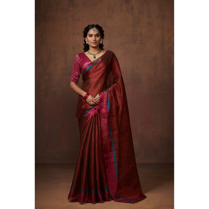 Handwoven Maroon Zari, Bright Firozi and Fuschia Pink Zari Border Tissue Saree with Matching Blouse