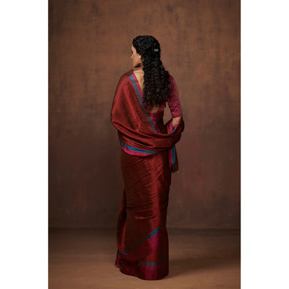 Handwoven Maroon Zari, Bright Firozi and Fuschia Pink Zari Border Tissue Saree with Matching Blouse