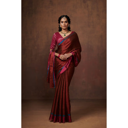 Handwoven Maroon Zari, Bright Firozi and Fuschia Pink Zari Border Tissue Saree with Matching Blouse
