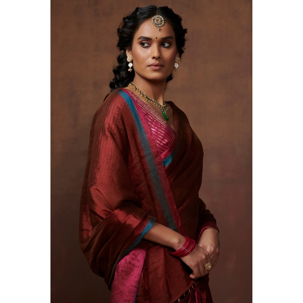 Handwoven Maroon Zari, Bright Firozi and Fuschia Pink Zari Border Tissue Saree with Matching Blouse
