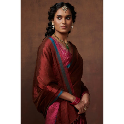 Handwoven Maroon Zari, Bright Firozi and Fuschia Pink Zari Border Tissue Saree with Matching Blouse