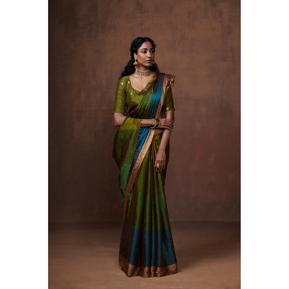 Dressfolk Handwoven Green & Olive with Bright Firozi Blue Zari in Border Tissue Saree with Blouse